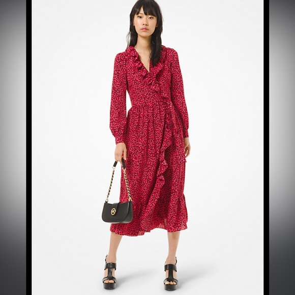 MICHAEL Michael Kors Dresses & Skirts - Michael Kors Petal Crepe Ruffled Wrap Dress Long maxi Women's Medium Pink Red